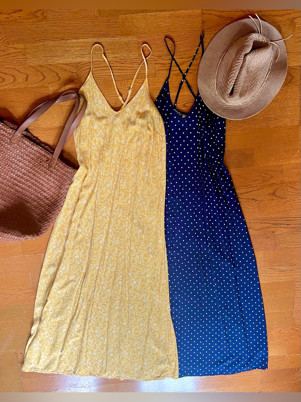 2 Old Navy Yellow Floral & Navy Polka Dot Maxi Slip Dresses XS